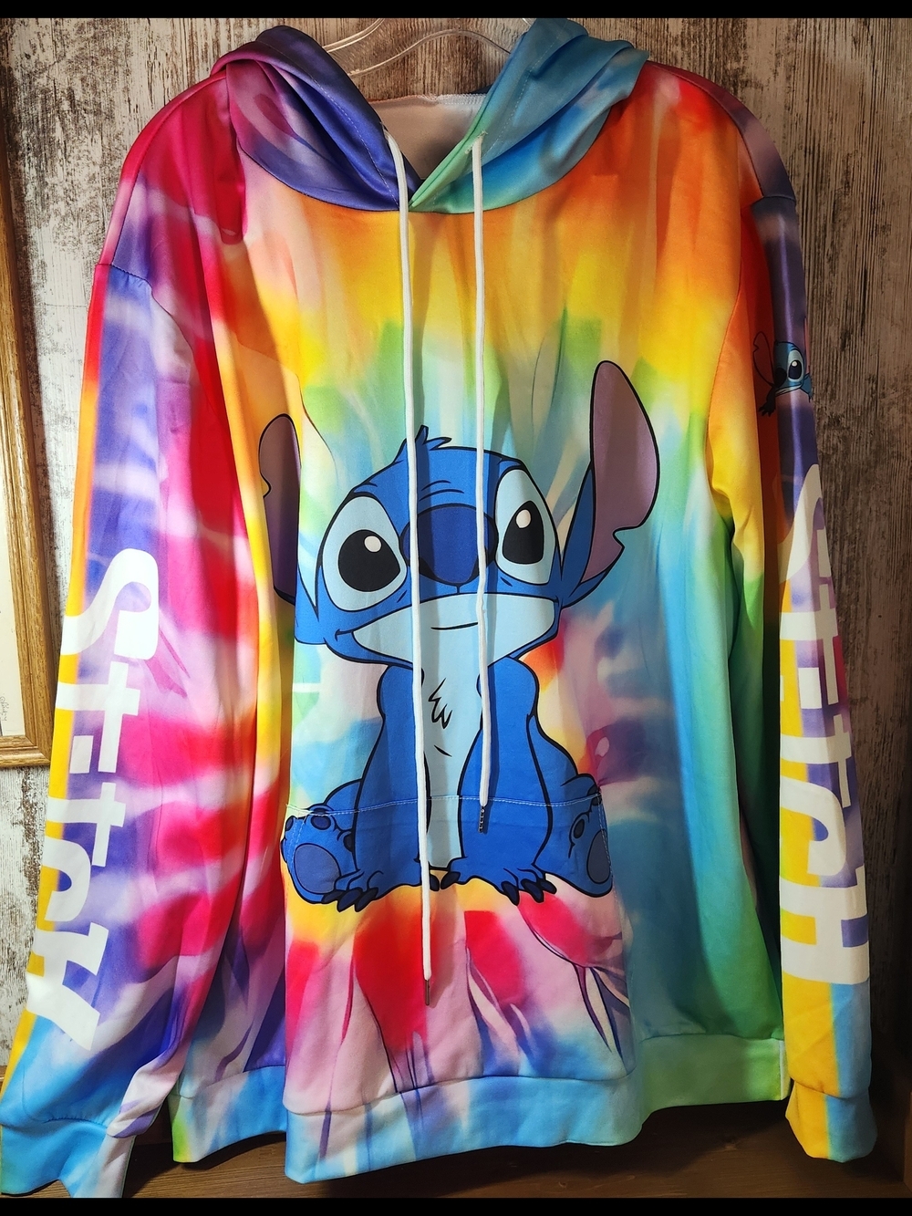 Rainbow Tie-Dye Stitch Graphic Hoodie Sweatshirt Disney Character Like New L@@K